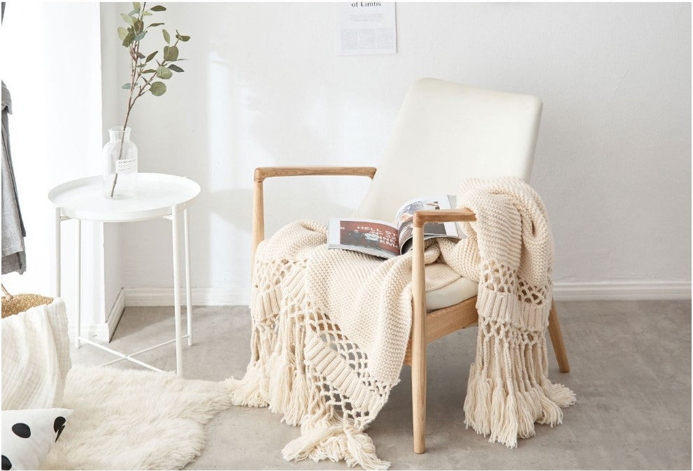 Handmade Knit Blanket with Loose Tassels, Assorted