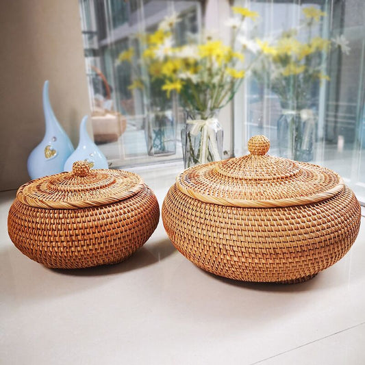 Hand-Woven Rattan Storage Basket with Lid