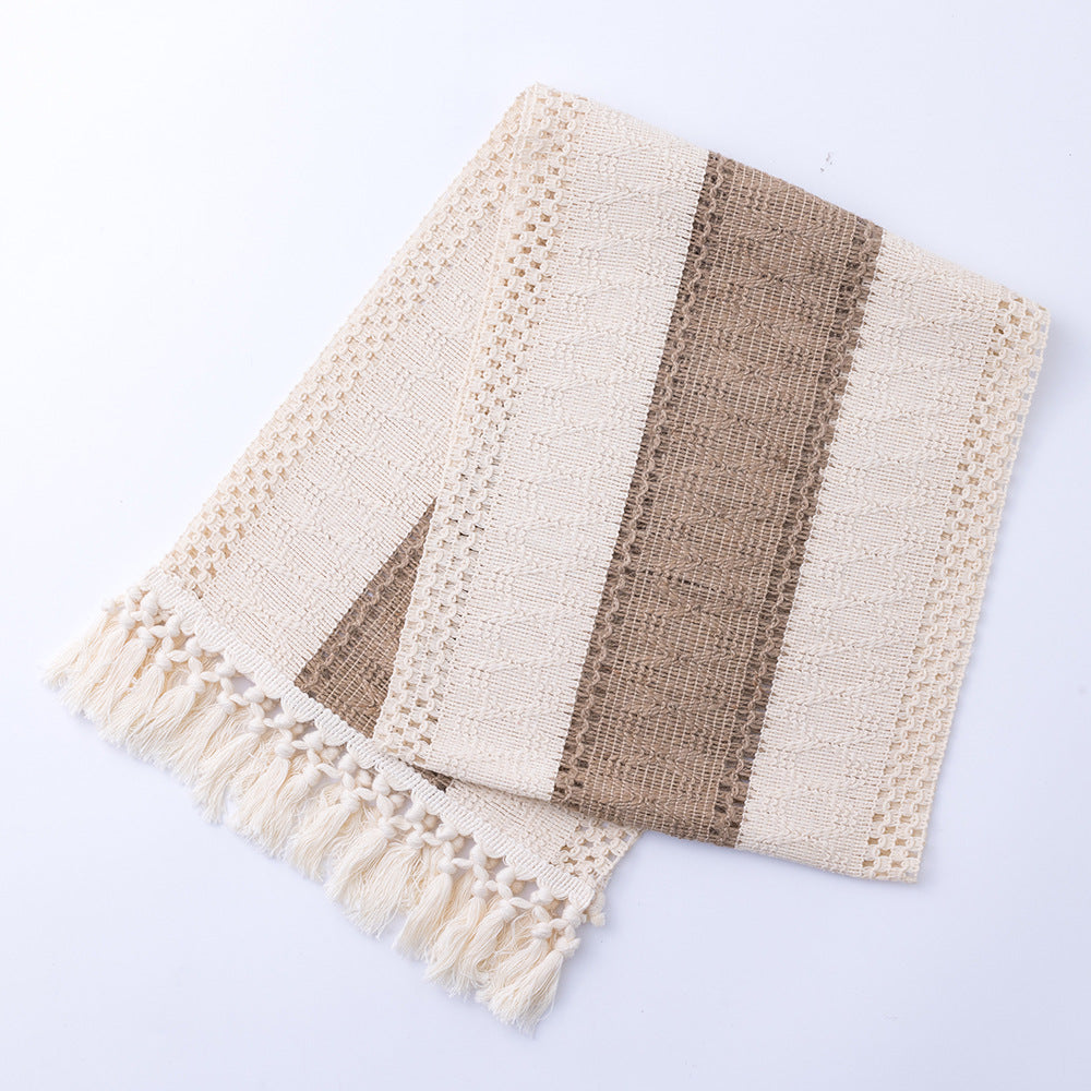 Brown & Cream Tasseled Table Runner